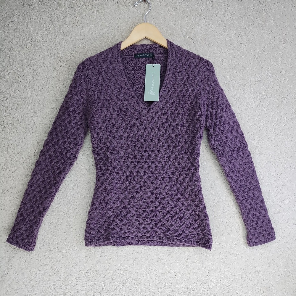 IrelandsEye Sweater Womens V-Neck Cable Knit 100% Virgin Wool Purple Ireland
